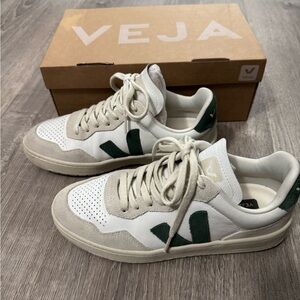 Veja White and Dark Green Sneakers